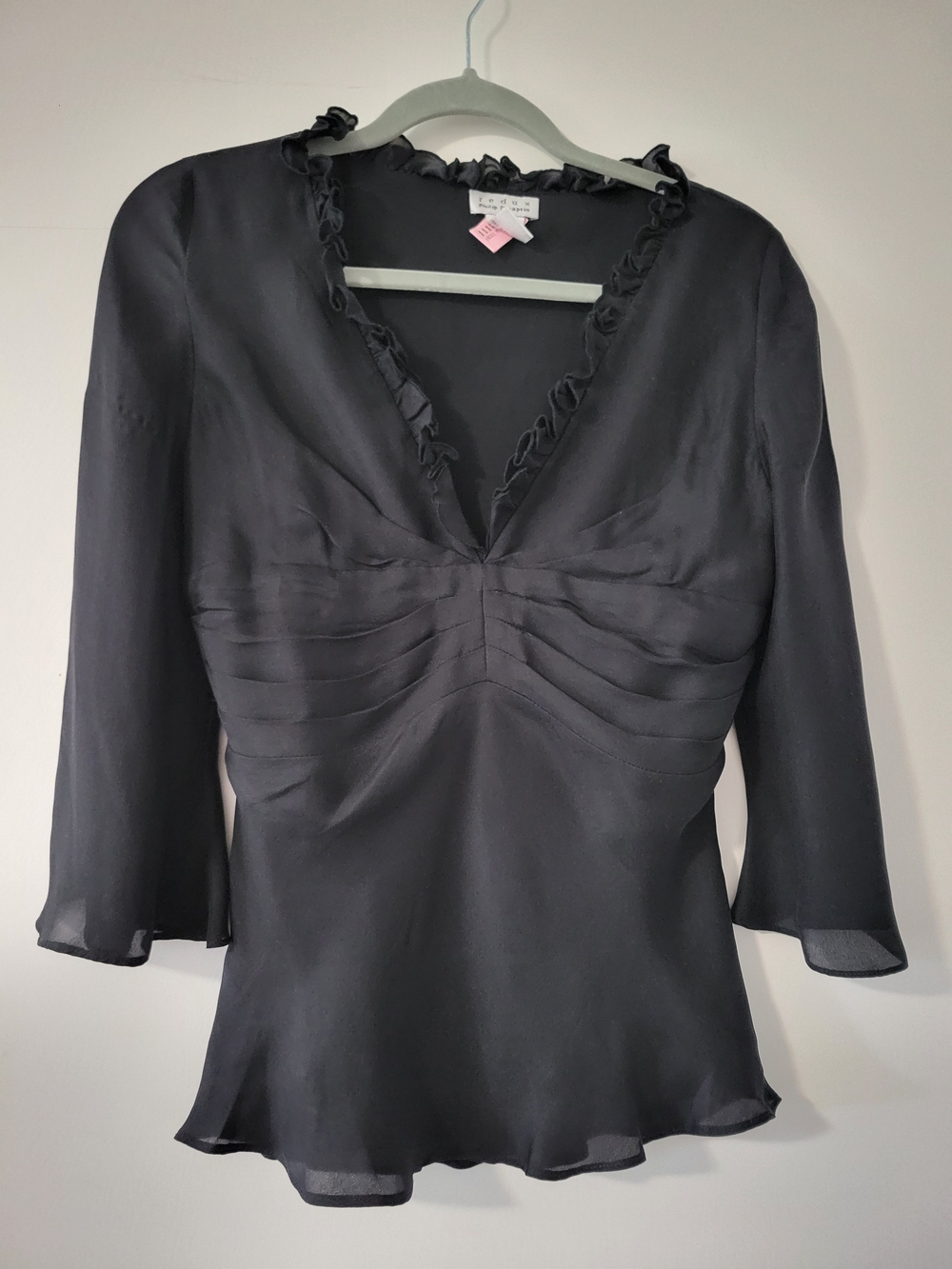 Philip DiCaprio Black Silk Ruffled V-Neck Pintuck Blouse, Size 6
